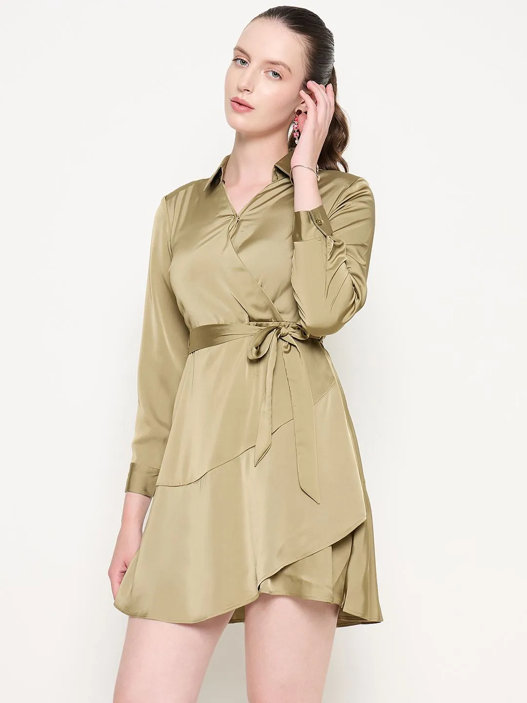 Madame Fabric Belted Cuff Sleeve Solid Green Satin Short Dress