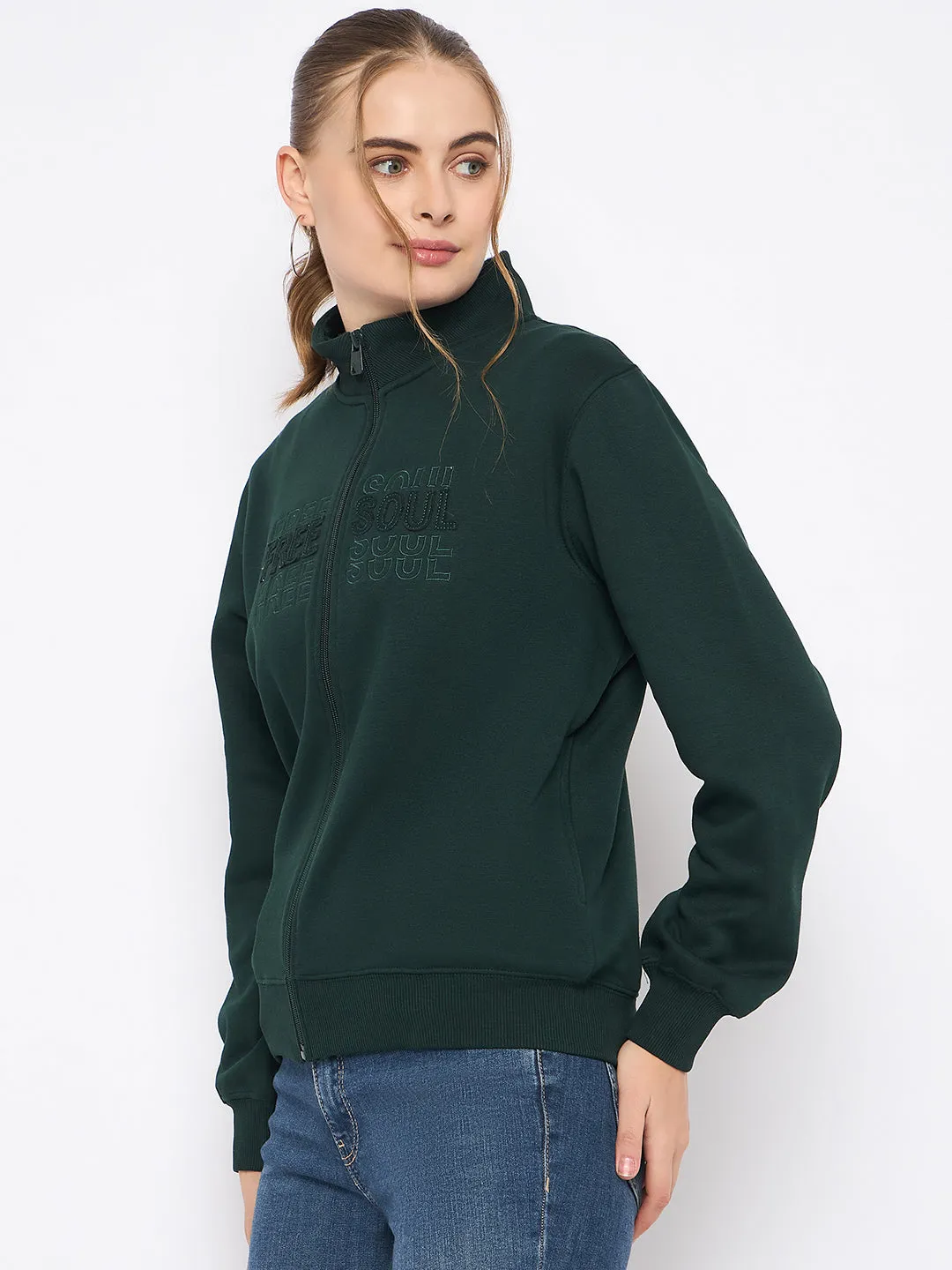 Madame Fleece Embroidery Detailed Turtleneck Bottle Green Sweatshirt