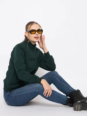 Madame Fleece Embroidery Detailed Turtleneck Bottle Green Sweatshirt