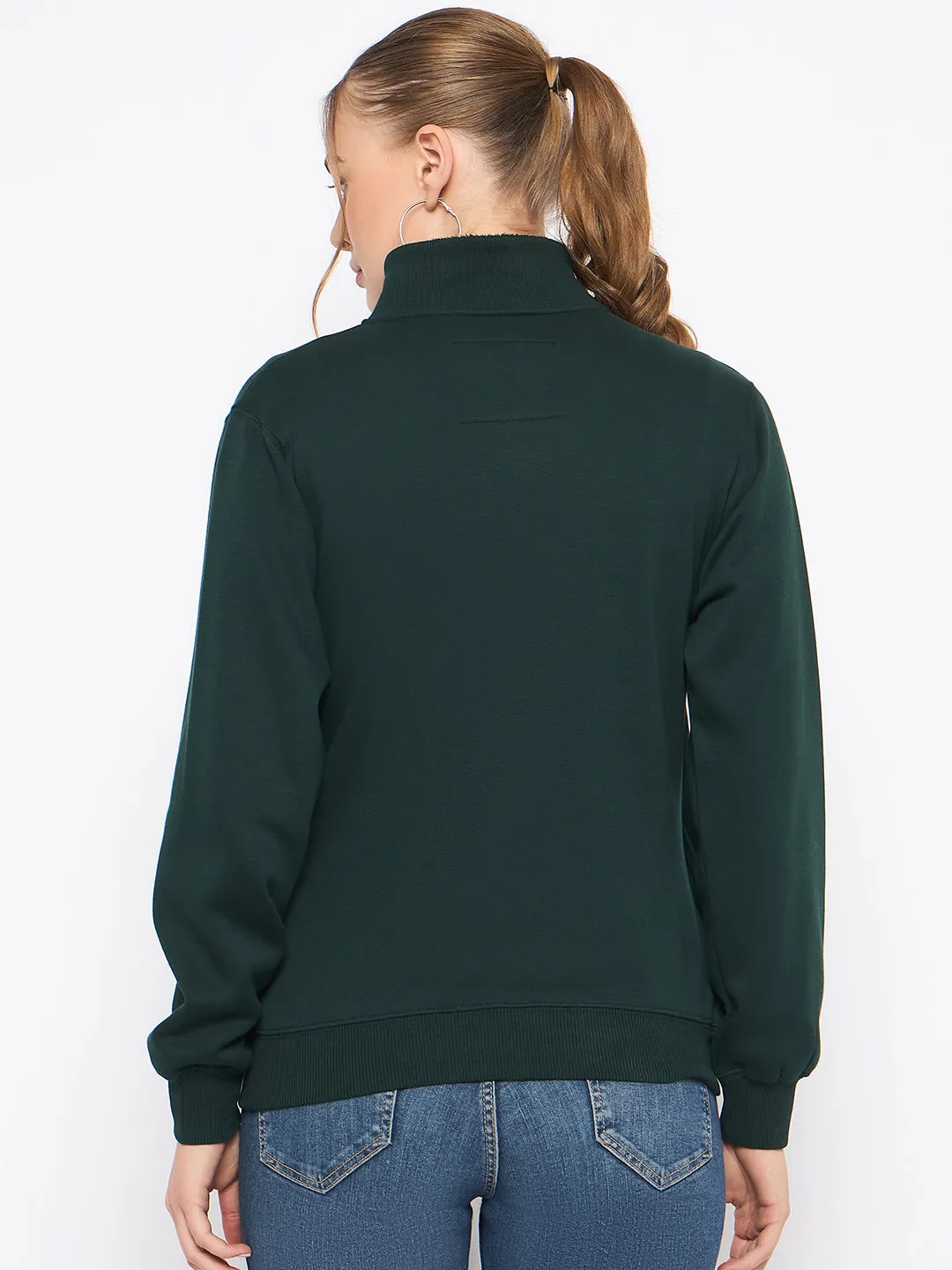 Madame Fleece Embroidery Detailed Turtleneck Bottle Green Sweatshirt