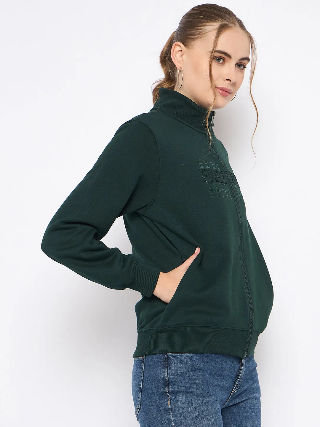 Madame Fleece Embroidery Detailed Turtleneck Bottle Green Sweatshirt