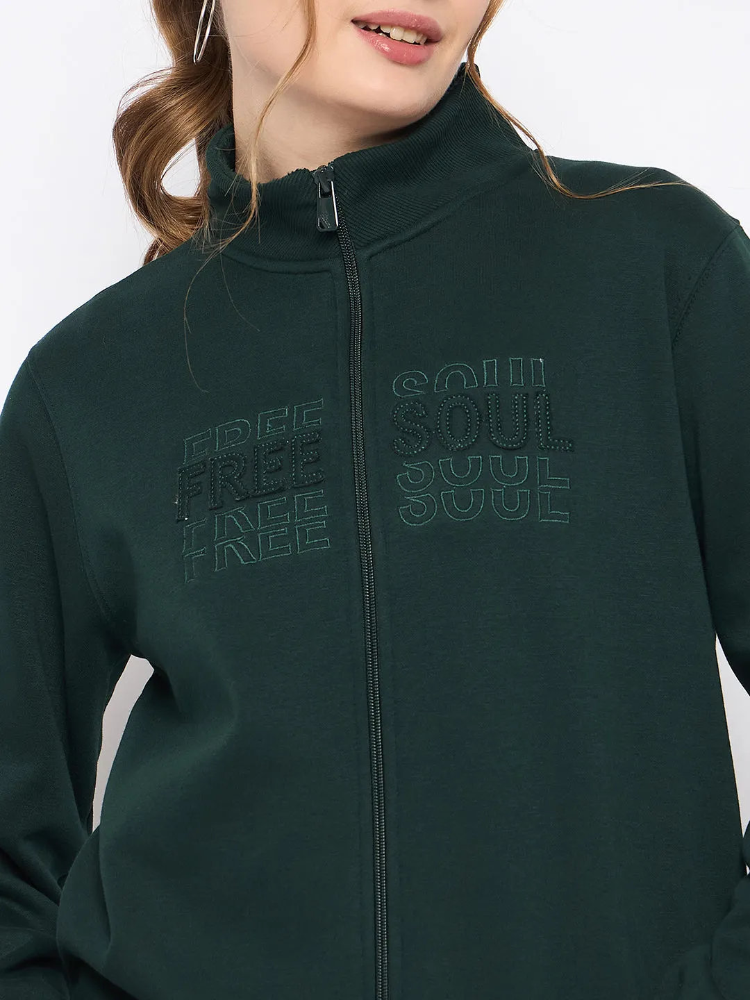 Madame Fleece Embroidery Detailed Turtleneck Bottle Green Sweatshirt