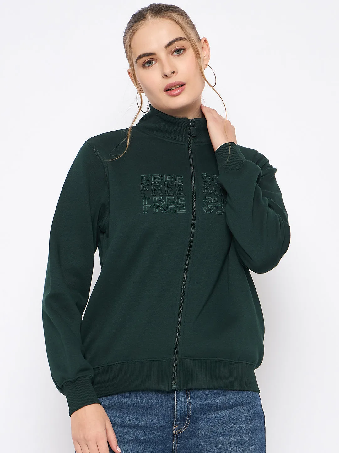Madame Fleece Embroidery Detailed Turtleneck Bottle Green Sweatshirt