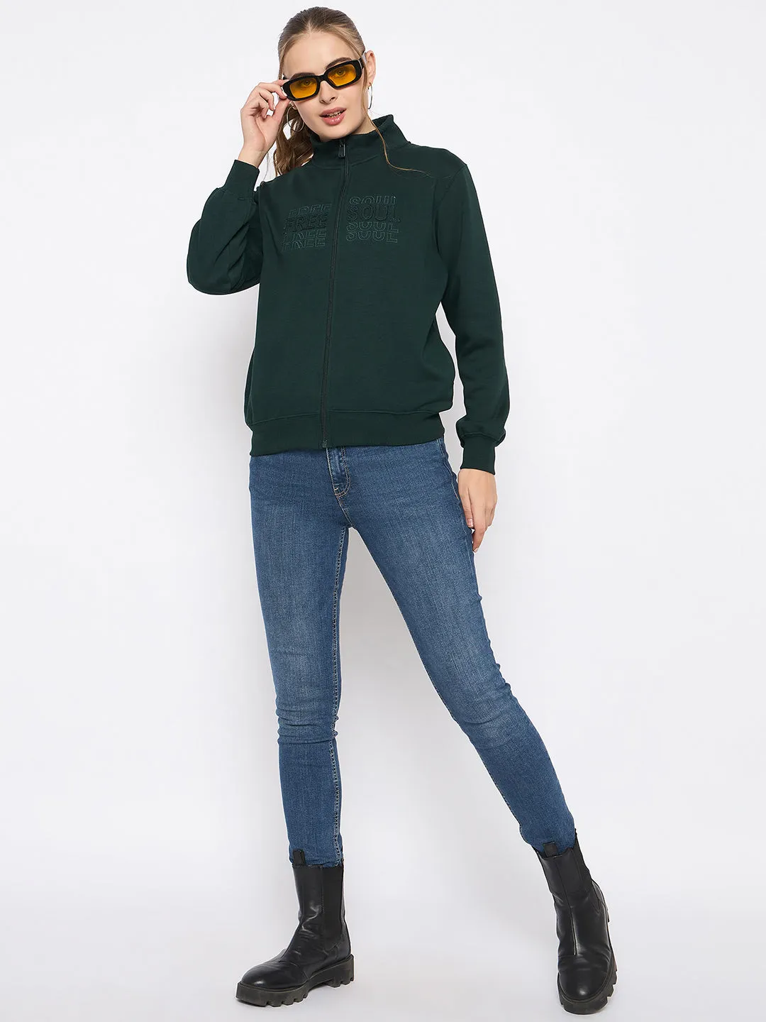 Madame Fleece Embroidery Detailed Turtleneck Bottle Green Sweatshirt