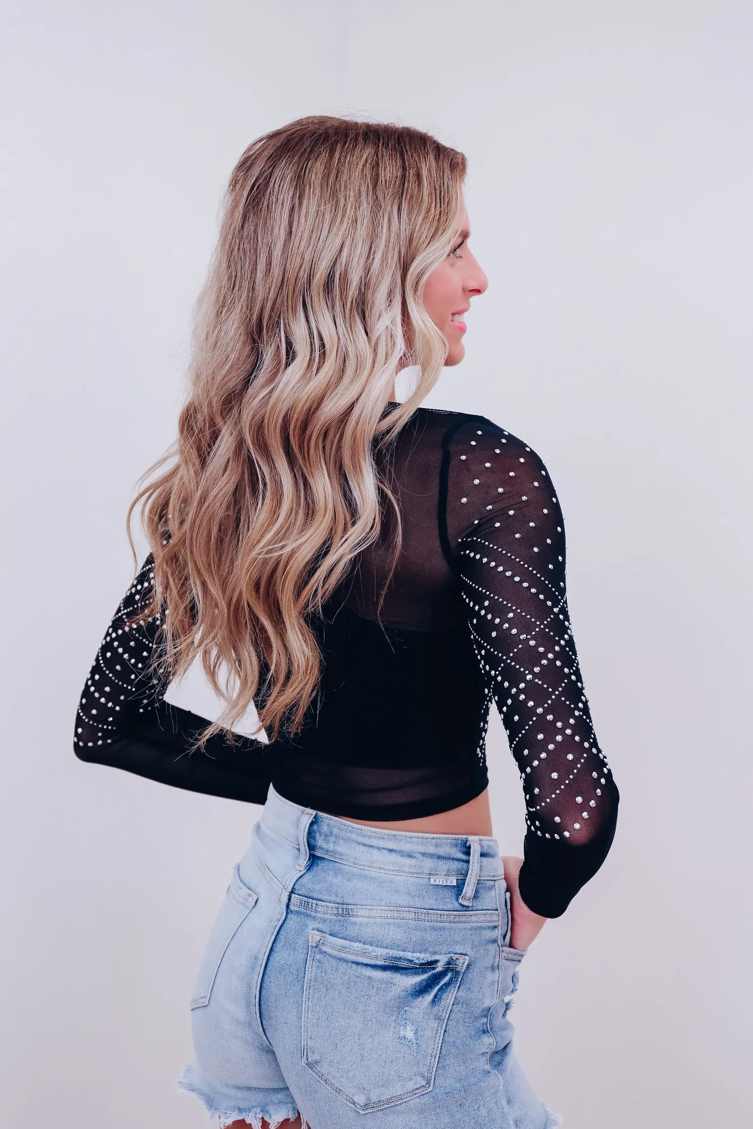 Mari Rhinestone Mesh Crop Top - Black