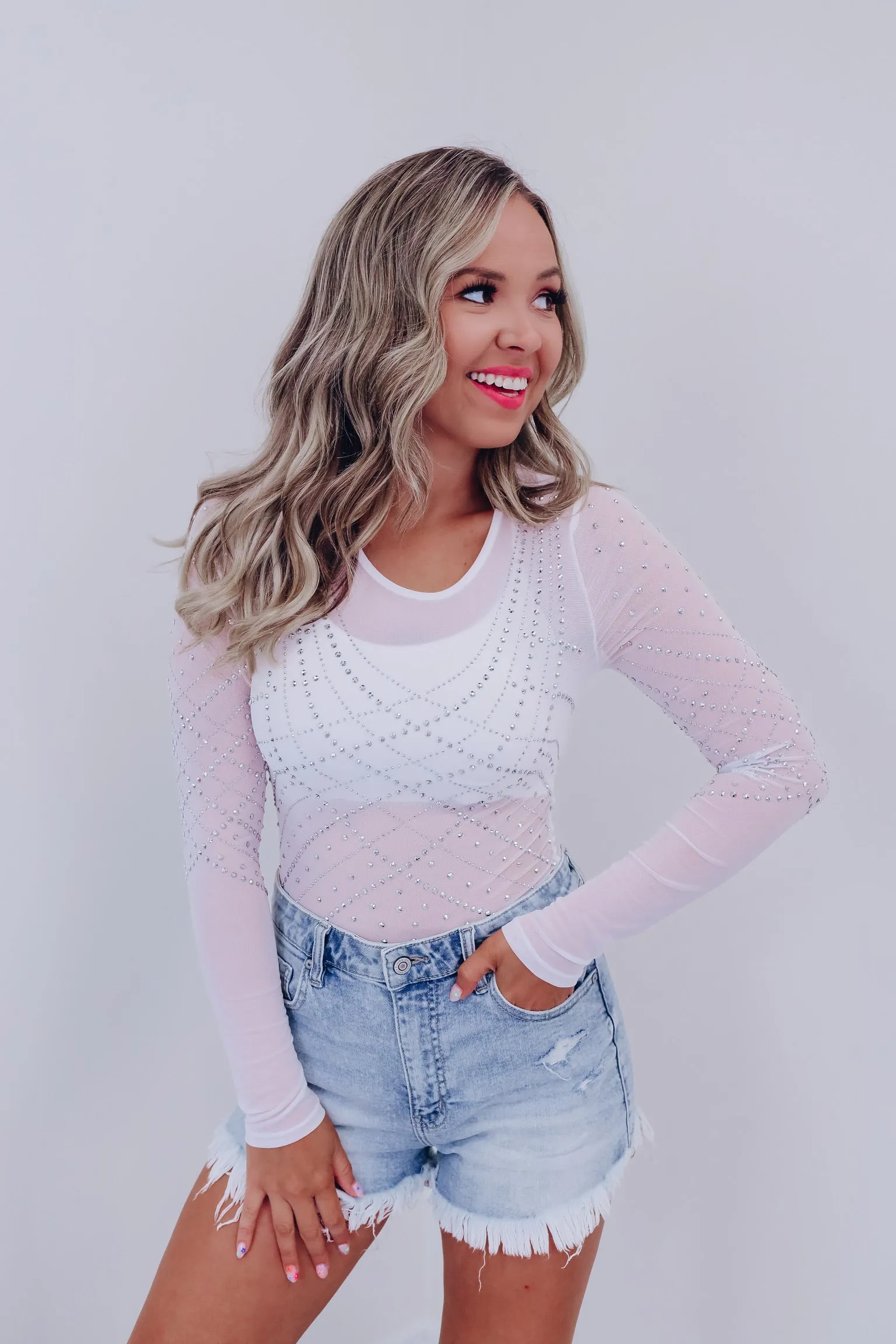 Mari Rhinestone Mesh Crop Top - White