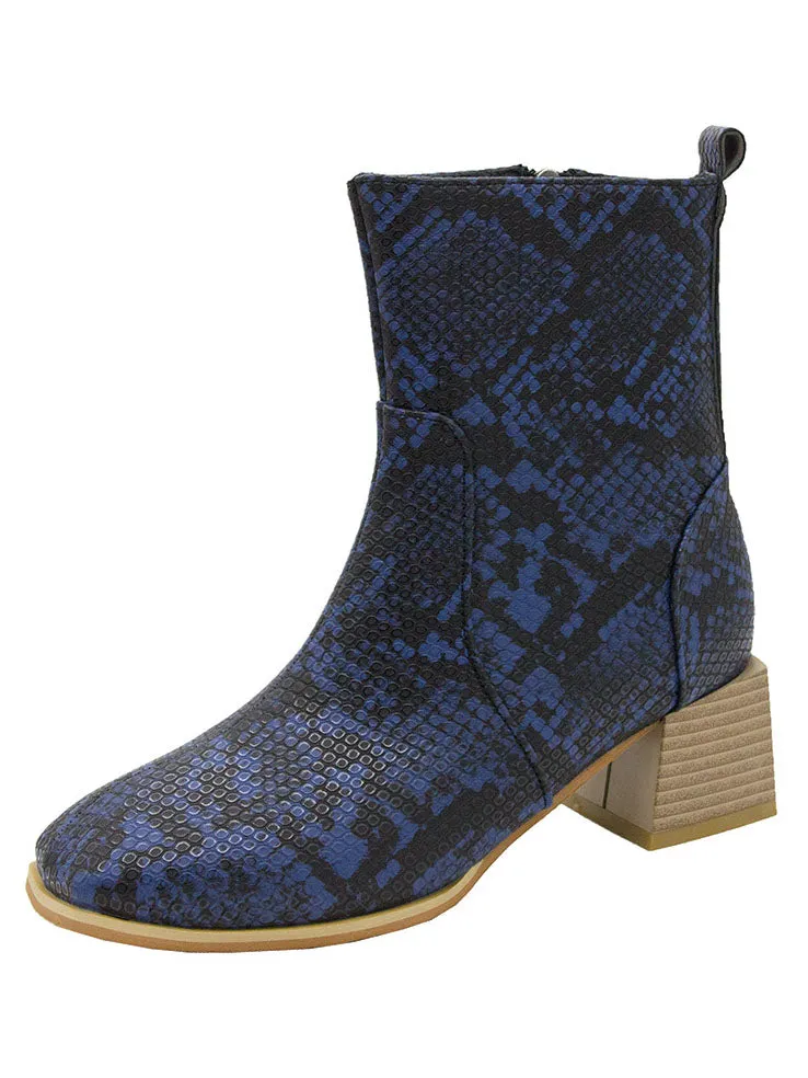 Martin Boots Female Large Size Thick with Side Zipper Fashion Snake Square Ankle Boots