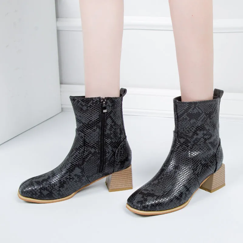 Martin Boots Female Large Size Thick with Side Zipper Fashion Snake Square Ankle Boots