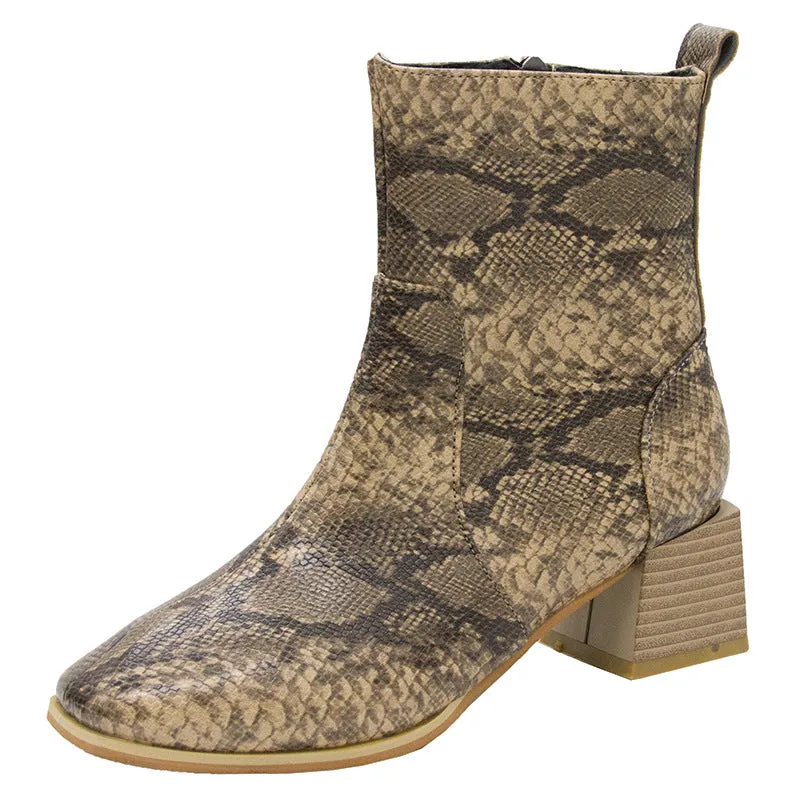 Martin Boots Female Large Size Thick with Side Zipper Fashion Snake Square Ankle Boots