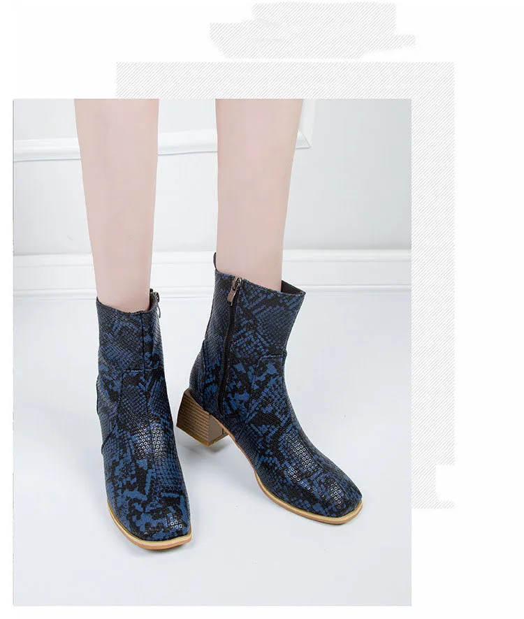 Martin Boots Female Large Size Thick with Side Zipper Fashion Snake Square Ankle Boots