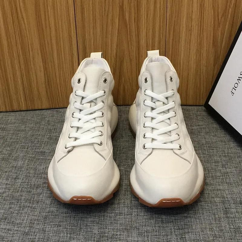 Men Round Toe Genuine Leather Platform White Shoes