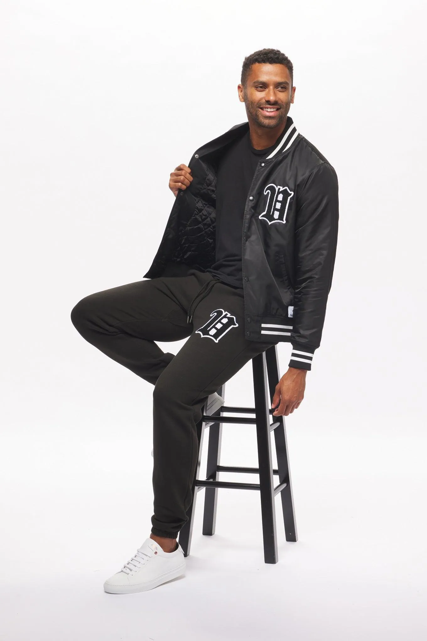 Men's - House of V - Black Varsity Chenille Patch Nylon Varsity Jacket