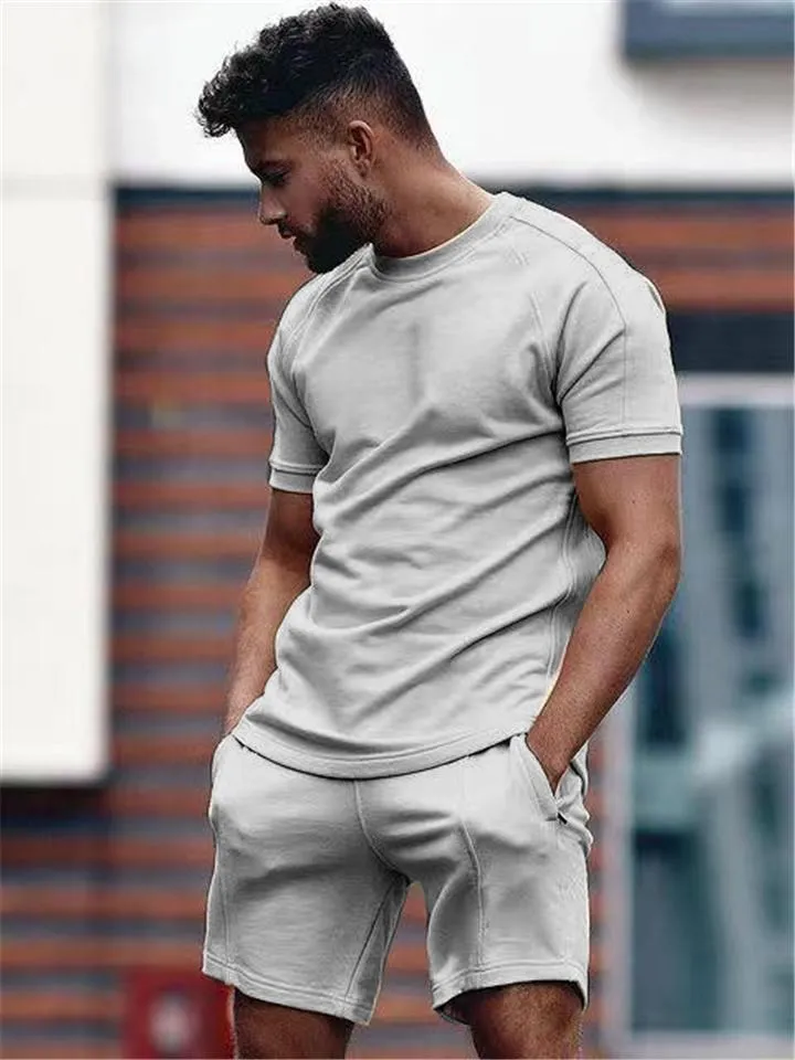 Mens Solid Color Casual Comfy Short Sleeved T-Shirts Shorts