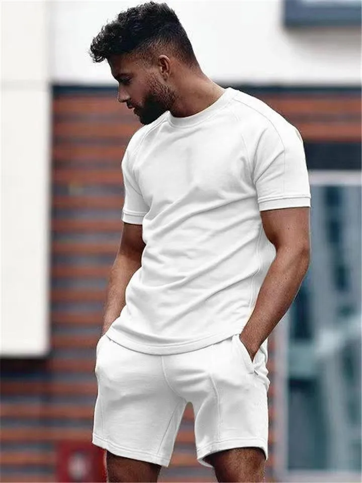 Mens Solid Color Casual Comfy Short Sleeved T-Shirts Shorts
