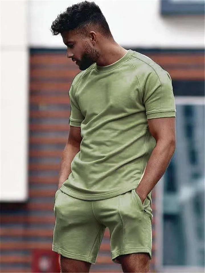Mens Solid Color Casual Comfy Short Sleeved T-Shirts Shorts