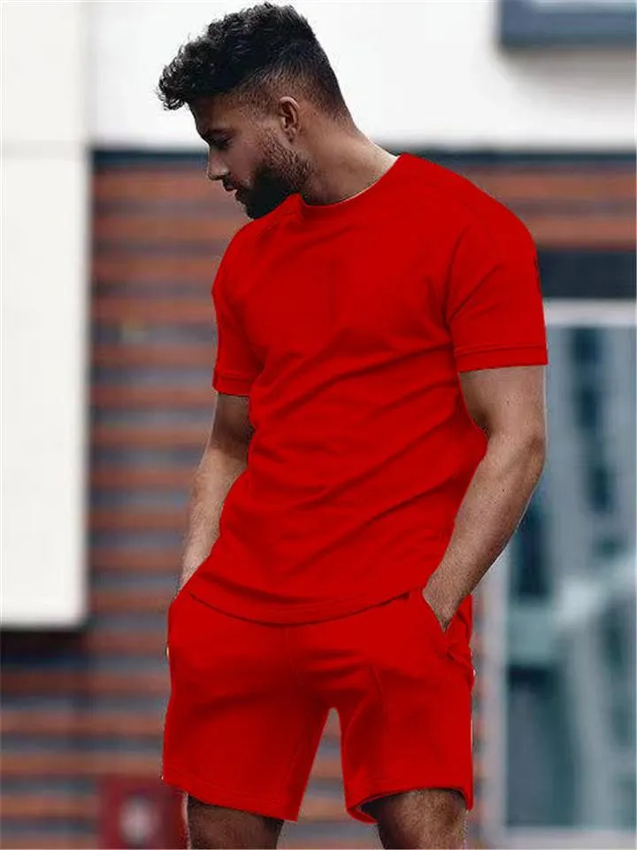 Mens Solid Color Casual Comfy Short Sleeved T-Shirts Shorts