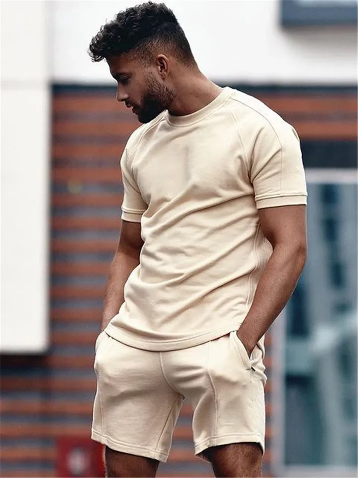 Mens Solid Color Casual Comfy Short Sleeved T-Shirts Shorts