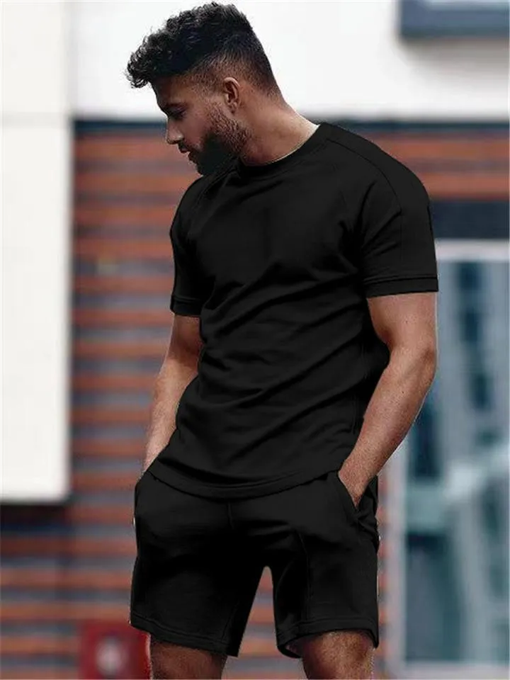 Mens Solid Color Casual Comfy Short Sleeved T-Shirts Shorts