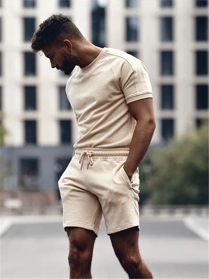 Mens Solid Color Casual Comfy Short Sleeved T-Shirts Shorts