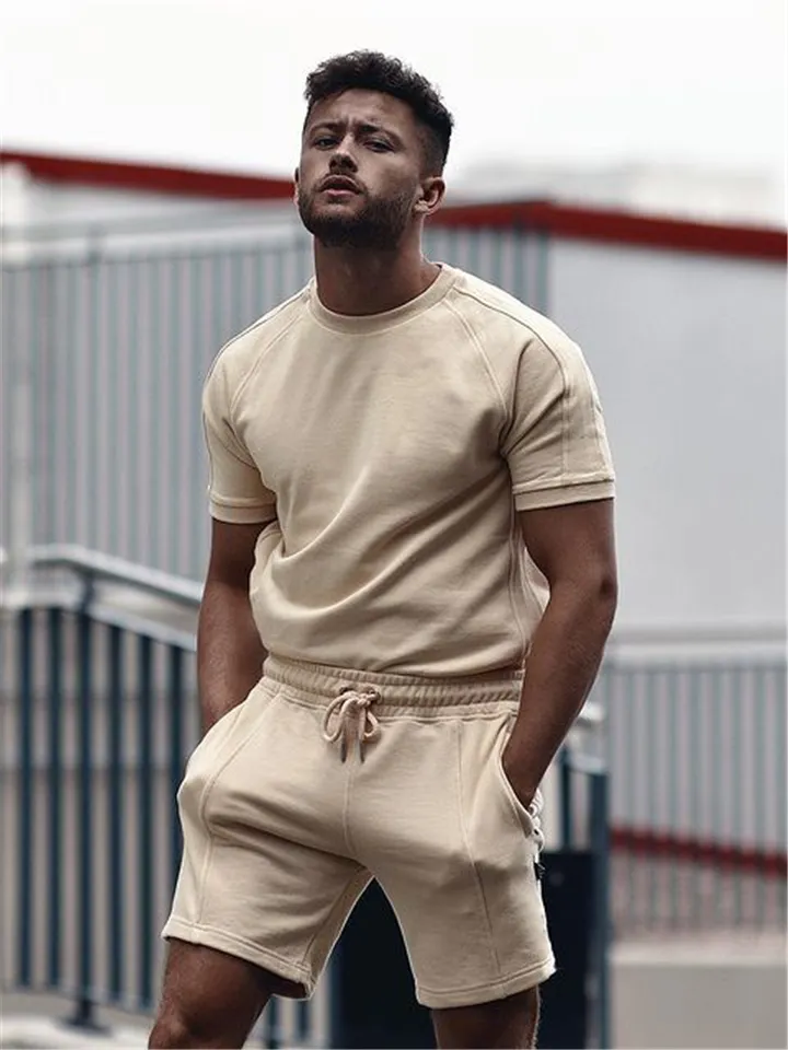 Mens Solid Color Casual Comfy Short Sleeved T-Shirts Shorts