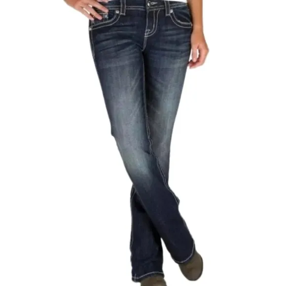 Miss Me Easy Boot Mid Rise Curvy Fit Embroidered Flap Pocket Dark Wash Jean