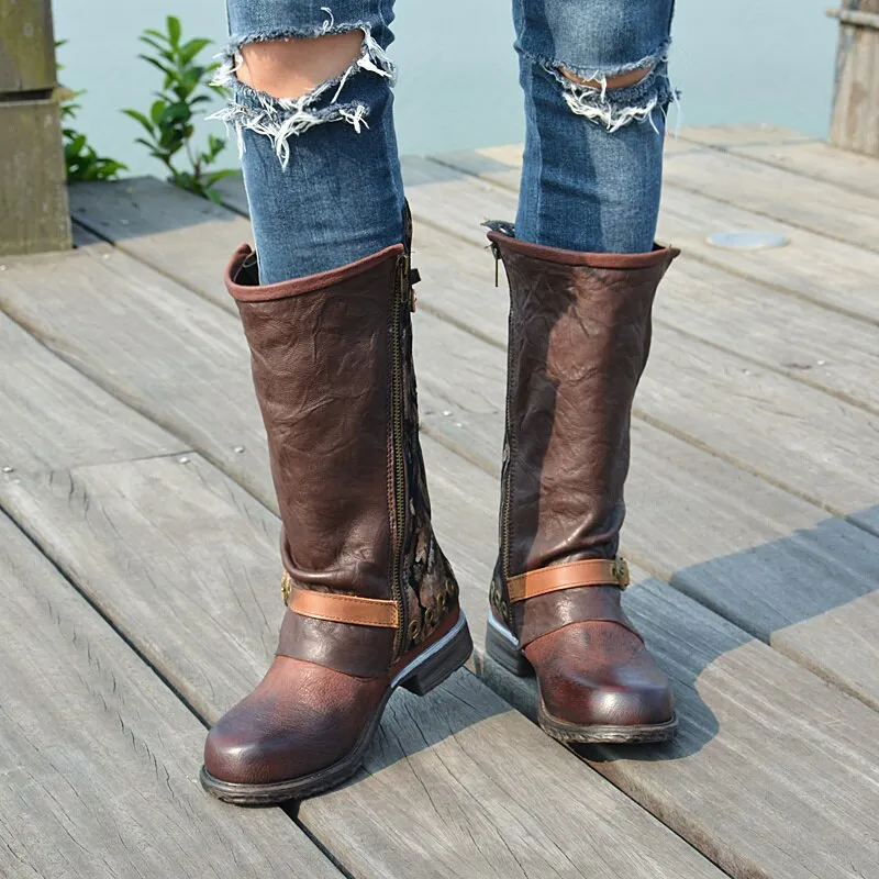 New Designer Outside Armor Retro Boots Real Leather Mixed Color Motorcycle Boots Handsome Lace Up Knight Boot