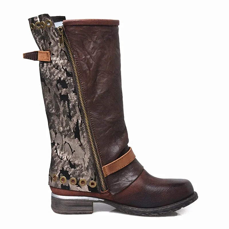 New Designer Outside Armor Retro Boots Real Leather Mixed Color Motorcycle Boots Handsome Lace Up Knight Boot