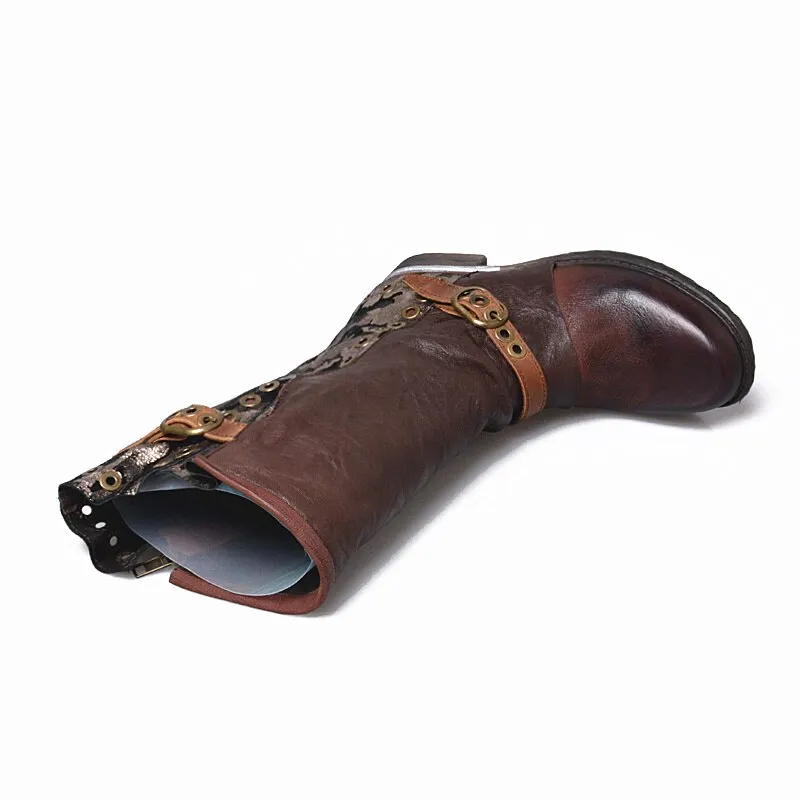 New Designer Outside Armor Retro Boots Real Leather Mixed Color Motorcycle Boots Handsome Lace Up Knight Boot