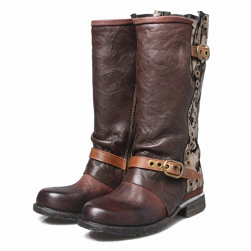New Designer Outside Armor Retro Boots Real Leather Mixed Color Motorcycle Boots Handsome Lace Up Knight Boot