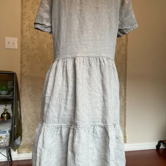 New Francesca Bettini Italy 100% Linen Midi Dress Size S Gray Boho Tiered Design