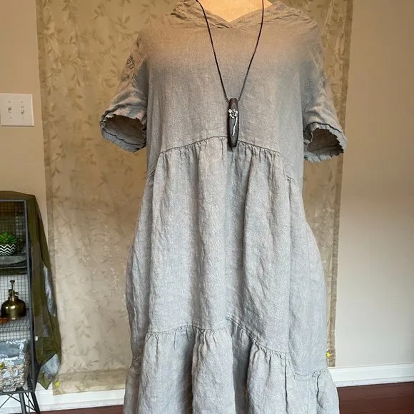 New Francesca Bettini Italy 100% Linen Midi Dress Size S Gray Boho Tiered Design