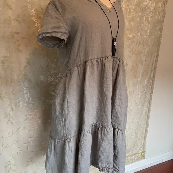 New Francesca Bettini Italy 100% Linen Midi Dress Size S Gray Boho Tiered Design