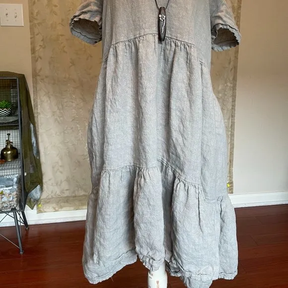 New Francesca Bettini Italy 100% Linen Midi Dress Size S Gray Boho Tiered Design