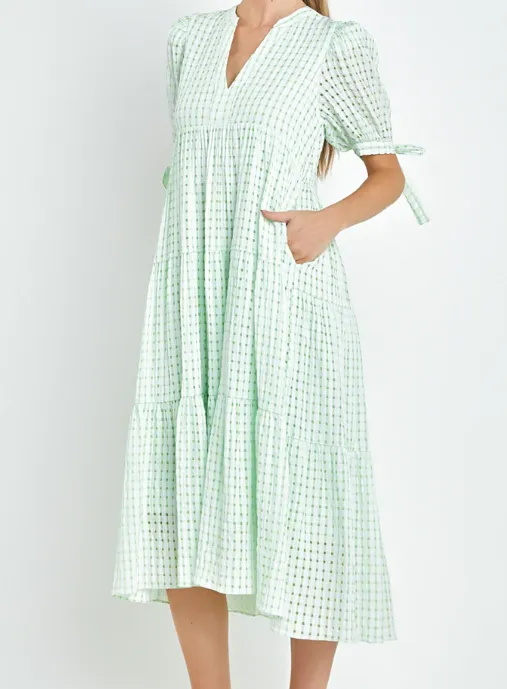 NEW Gingham Tiered Midi Lime Dress, Sz L, Retails $120