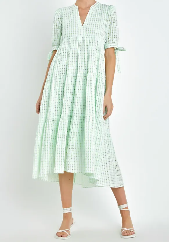 NEW Gingham Tiered Midi Lime Dress, Sz L, Retails $120