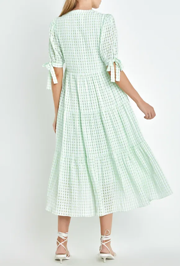 NEW Gingham Tiered Midi Lime Dress, Sz L, Retails $120