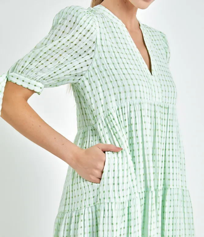 NEW Gingham Tiered Midi Lime Dress, Sz L, Retails $120