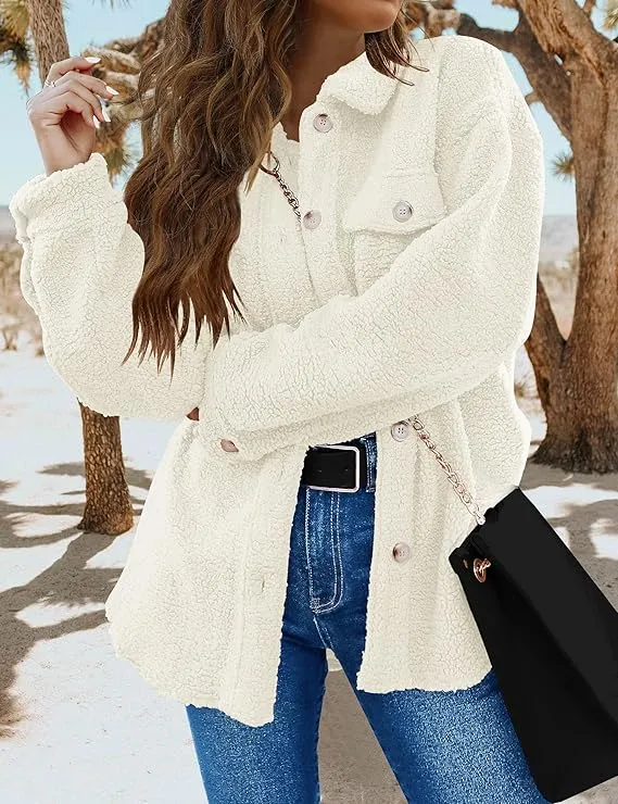 NEW TECREW Women's Winter Sherpa Fleece Jacket Button Down Fuzzy Shacket Outwear Coat with Pockets, Cream, Sz XXL, Retails $83