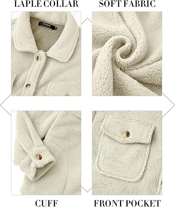 NEW TECREW Women's Winter Sherpa Fleece Jacket Button Down Fuzzy Shacket Outwear Coat with Pockets, Cream, Sz XXL, Retails $83