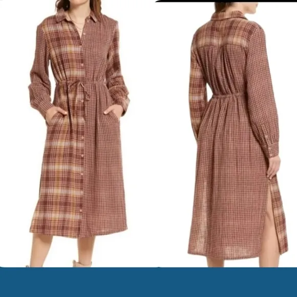 NEW Treasure and Bond Size 3X Red Tan Plaid Cotton Patchwork Flannel Maxi Dress