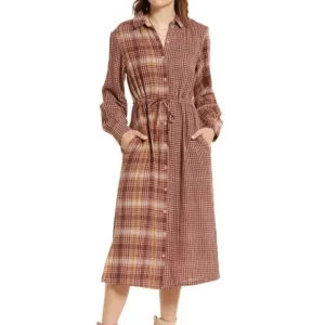 NEW Treasure and Bond Size 3X Red Tan Plaid Cotton Patchwork Flannel Maxi Dress