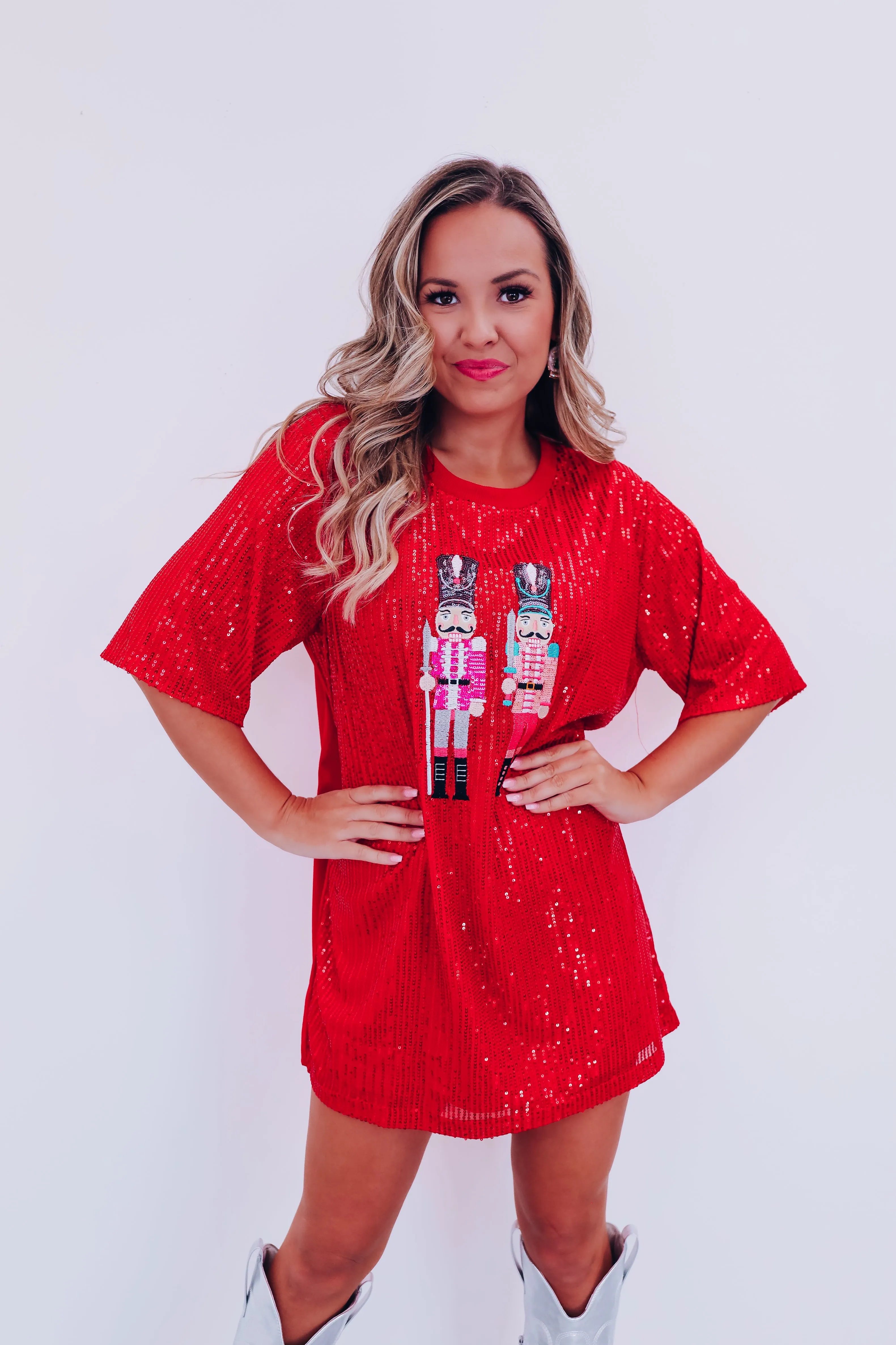 Nut Cracker Sequin Mini T-Shirt Dress - Red