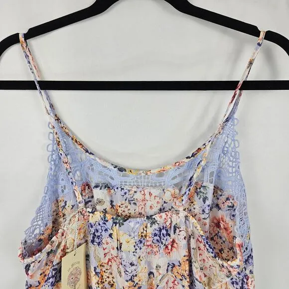 NWT IN BLOOM Blue Lace Trim Floral Sexy Sleep Beige Drawstring Shorts Romper M