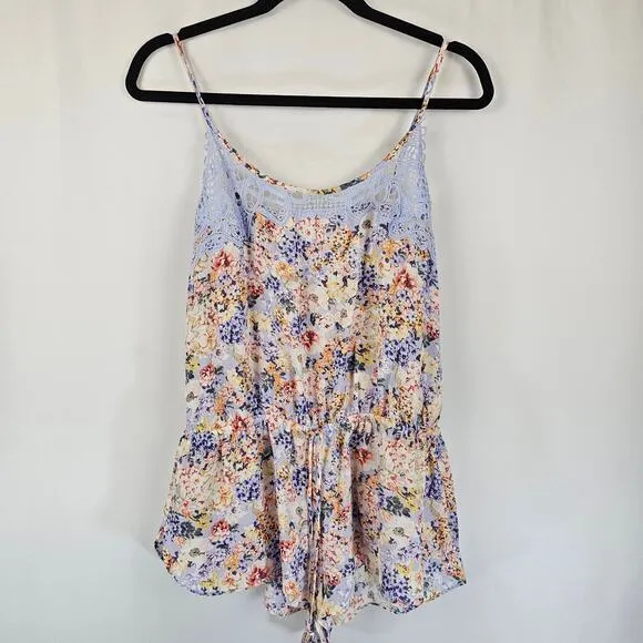 NWT IN BLOOM Blue Lace Trim Floral Sexy Sleep Beige Drawstring Shorts Romper M