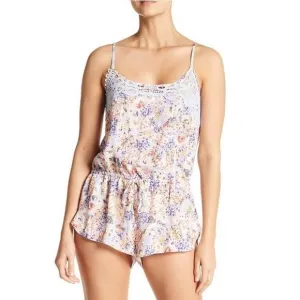 NWT IN BLOOM Blue Lace Trim Floral Sexy Sleep Beige Drawstring Shorts Romper M