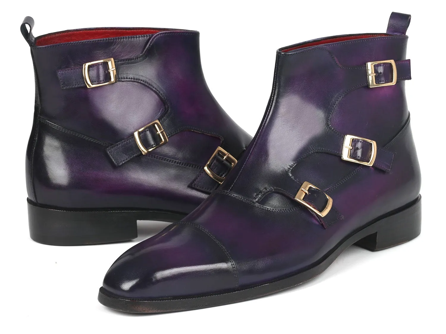 Paul Parkman Purple Leather Triple Monkstrap Boots