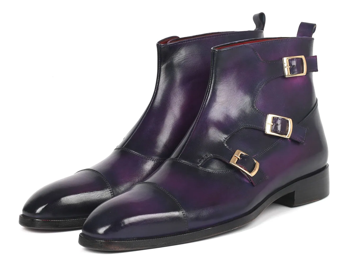 Paul Parkman Purple Leather Triple Monkstrap Boots