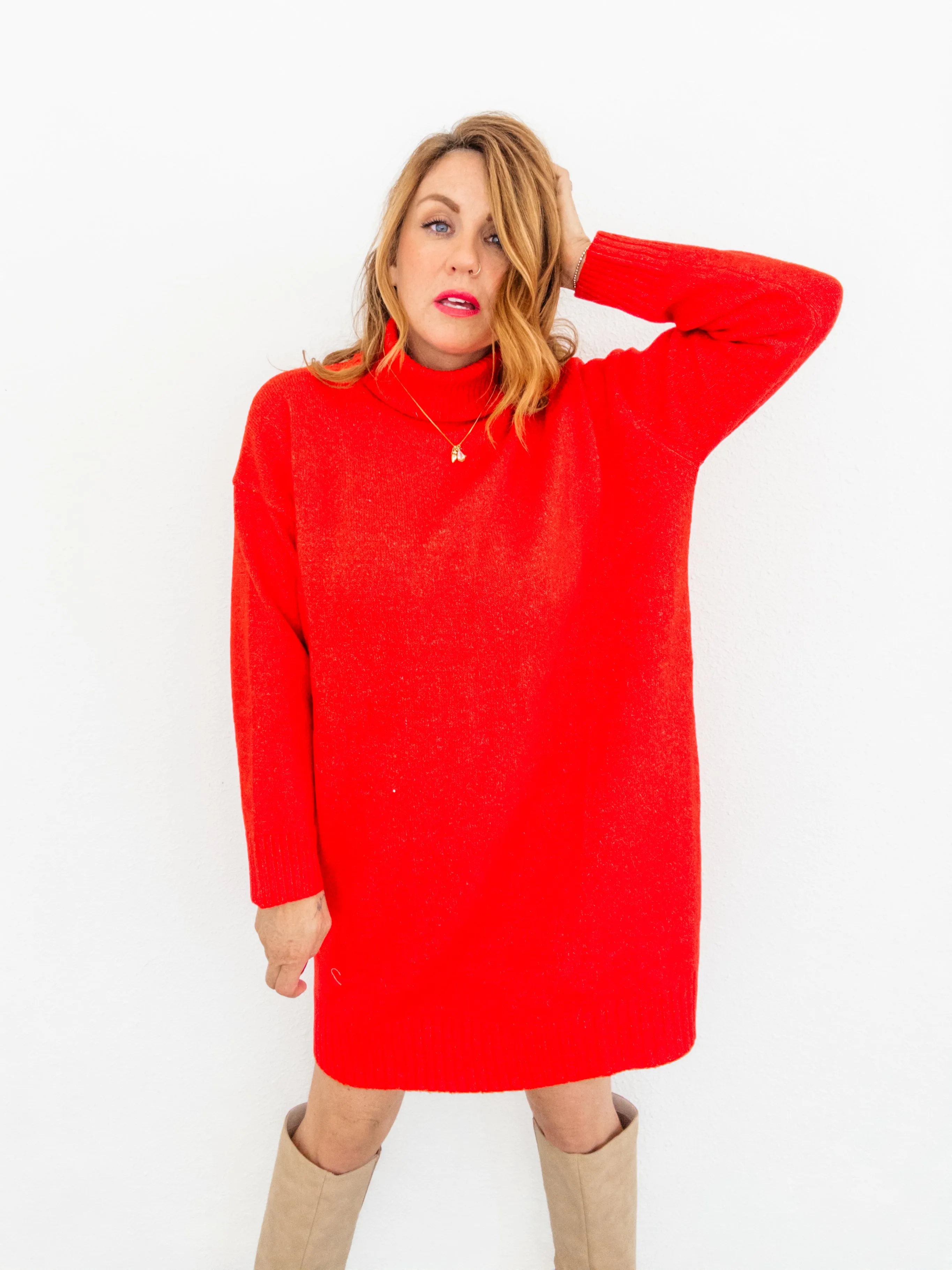 Poinsettia Turtleneck Sweater Dress