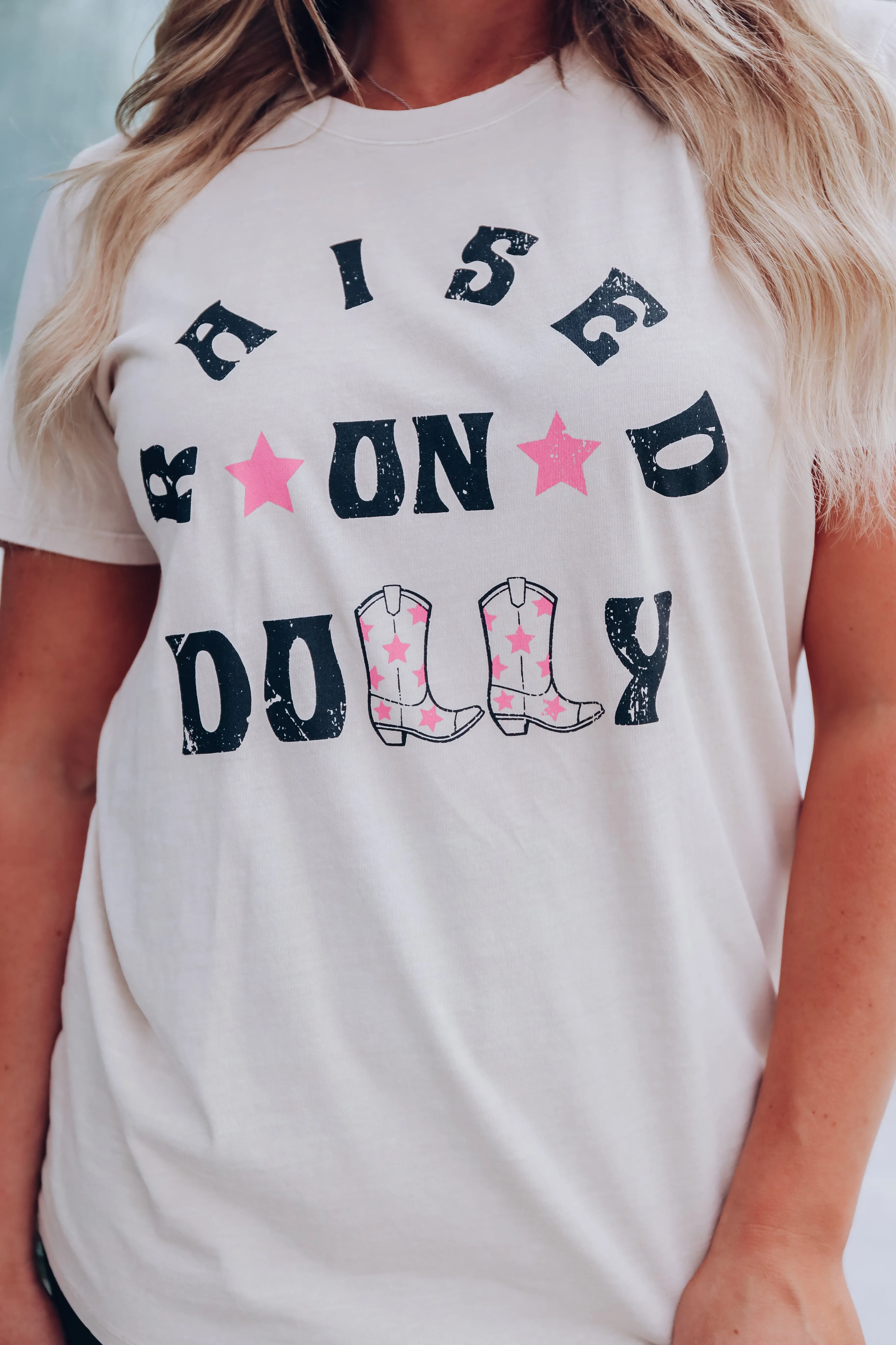 "Raised On Dolly" Graphic Tee - Taupe/Pink