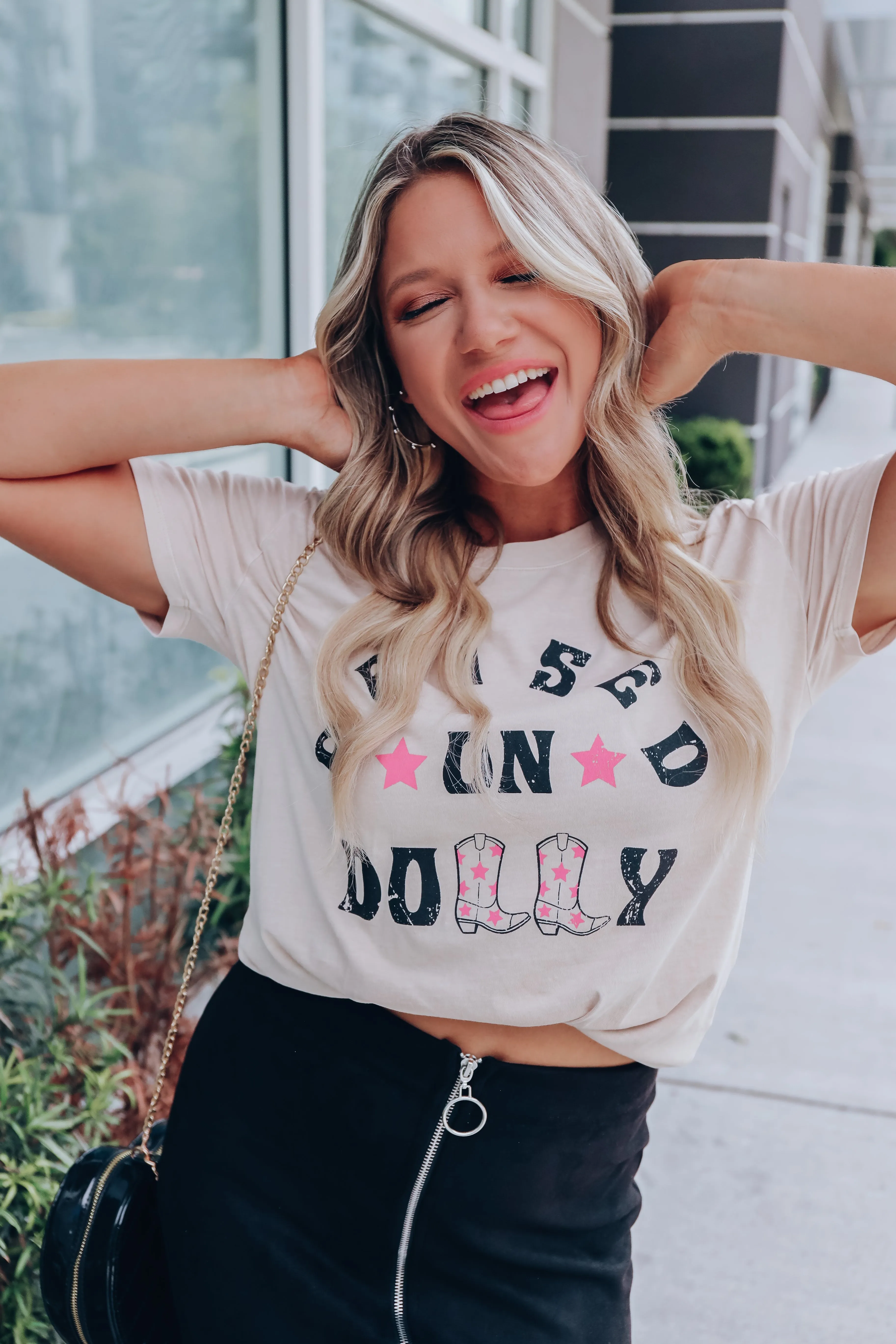"Raised On Dolly" Graphic Tee - Taupe/Pink